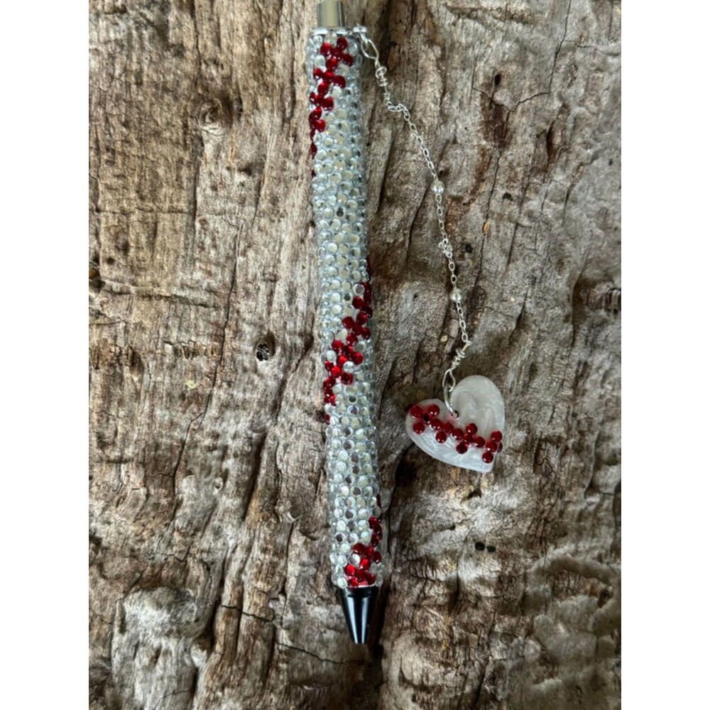 Hand Made Gel Baseball Pen Red Crystal Rhinestones w/ Resin and Rhinestone Charm
